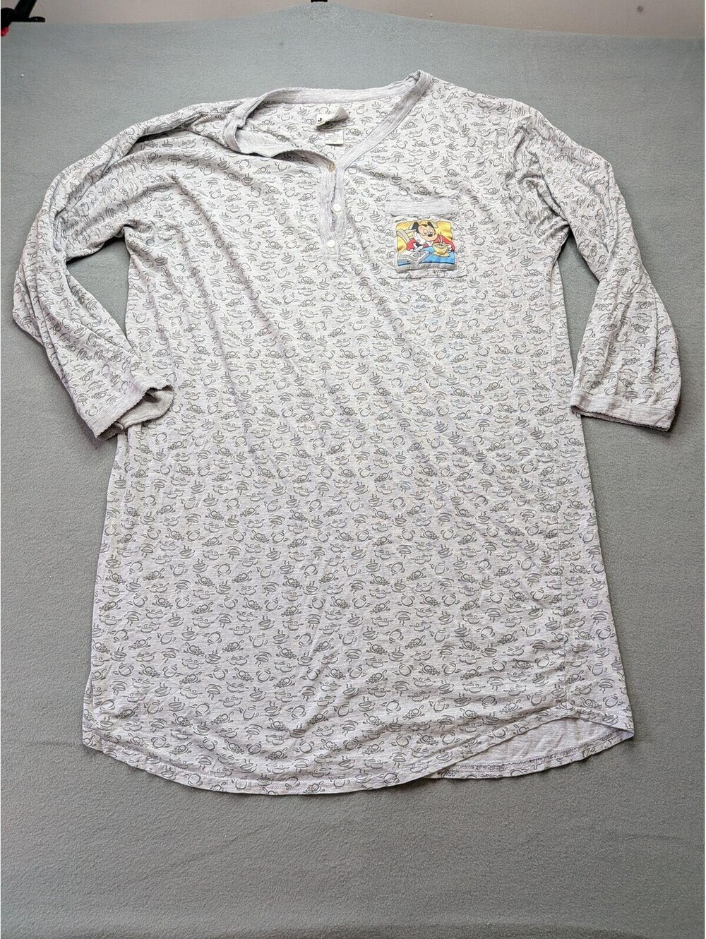 Walt Disney World Sleepshirt Womens XL Gray Mickey Mouse Coffee Print Henley